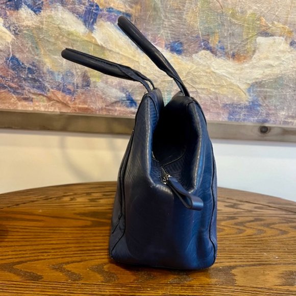 Jonathan Adler purse dark blue leather top handle geometric pattern tote - Picture 2 of 13